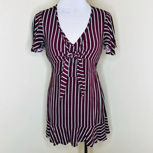 Band Of Gypsies Dress SM/MED Maroon Striped Mini Ruffle Flounce V-Neck Tie Front